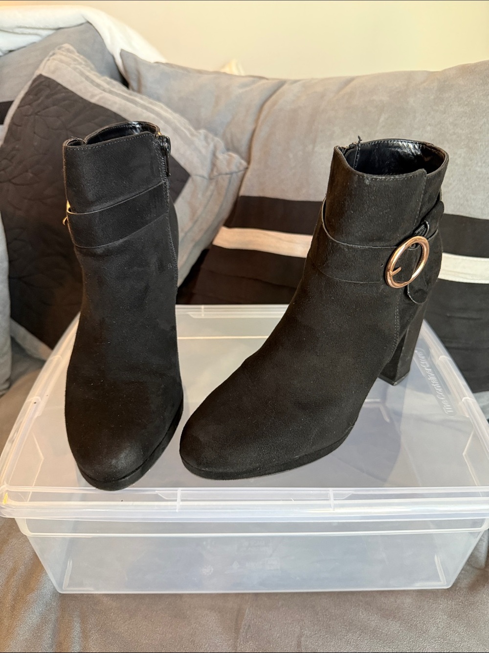 LC Lauren Conrad Black Suede Ankle Boots with Gold Ring Accent
